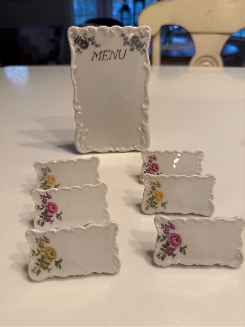 Porcelain Floral Menu and Place Card Set - White with Pink & Yellow Roses